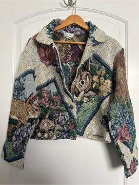 Vintage 90s Bunny Print Jacket size M cottage core prairie art to wear boho